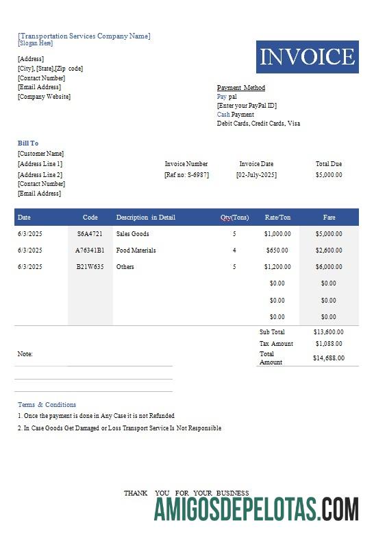 imprimível Modelo de fatura de transporte grátis